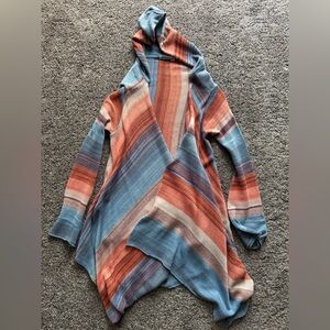 Goddis Blue Orange Cream Hooded Cardigan Sweater with Asymmetrical Hem